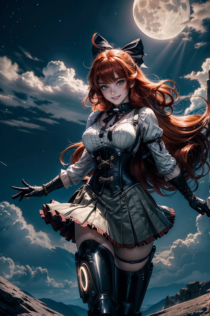 night, moon, stars, cowboy shot, (dynamic pose), smile, underbust, Penny Polendina, long red hair, neck ribbon, suspender skirt, corset, black bow, white blouse, mechanical legs, neon trim, flying in the sky, blue sky, clouds (volumetric lighting), intricate details, tonemapping, sharp focus, hyper detailed