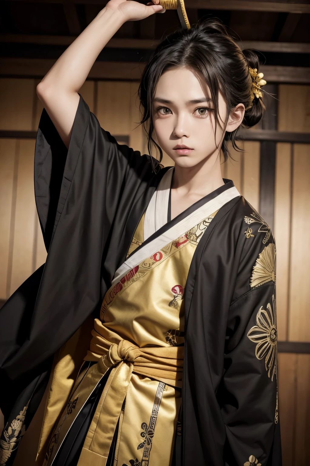 Create Create a kimetsu no yaiba character,hhombre,cheered up,light brown skin,Brown eyes,His haori is vwrde with golden embroidery,water katanna verde
