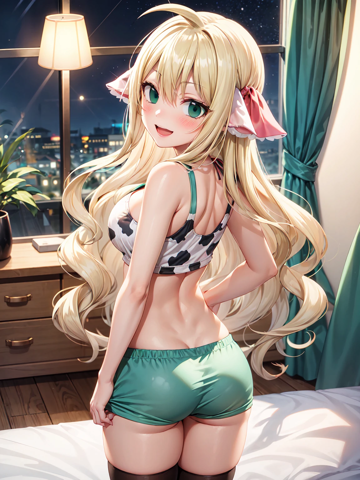 Masterpiece ,best quality , high resolution , (1 girl solo:1.38) , (mavis, long hair, blonde hair, (green eyes:1.5), ahoge, wavy hair) , (cleavage:1.2) , (medium breast:1.28) , (wear baseball hat , belly , navel , sport top , sport short , stockings ) , (cleavage:1.15) , (big breast:1.1) , (face view , look at view , from behind , from back , head back , looking back) , (indoor , in house , windows , night , lamp , bedroom) , (standing , cow_boy_shot , thighs) , ( smile , open mouth , full face blush , shy )