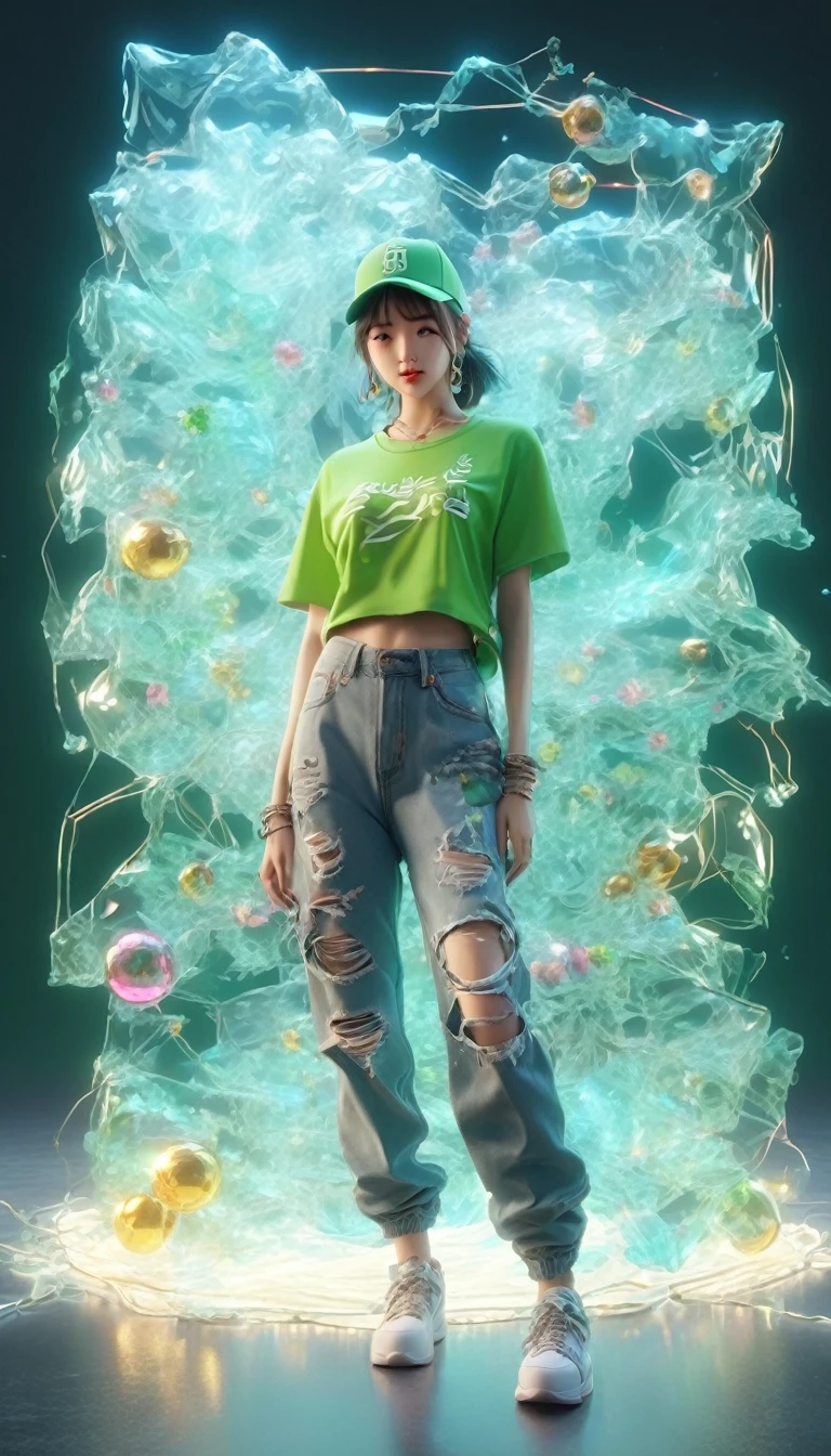 (Transparent Hip Hop Girl:0.65), (Hip-hop costumes:0.65),透明Light线追踪,crazy hip hop style,Baseball cap,Blue denim ripped jeans。Green T-shirt,Surreal, Visual exaggeration, Nano punk,Atomic Punch, gather ,Circuit,Light,♒︎,Pisces, ♓︎,Unreal Engine,Octane Rendering,V-Ray,High Detail ,Super quality,high resolution,Surrealism,16K,Ultra wide angle,satellite view,生物发Light,