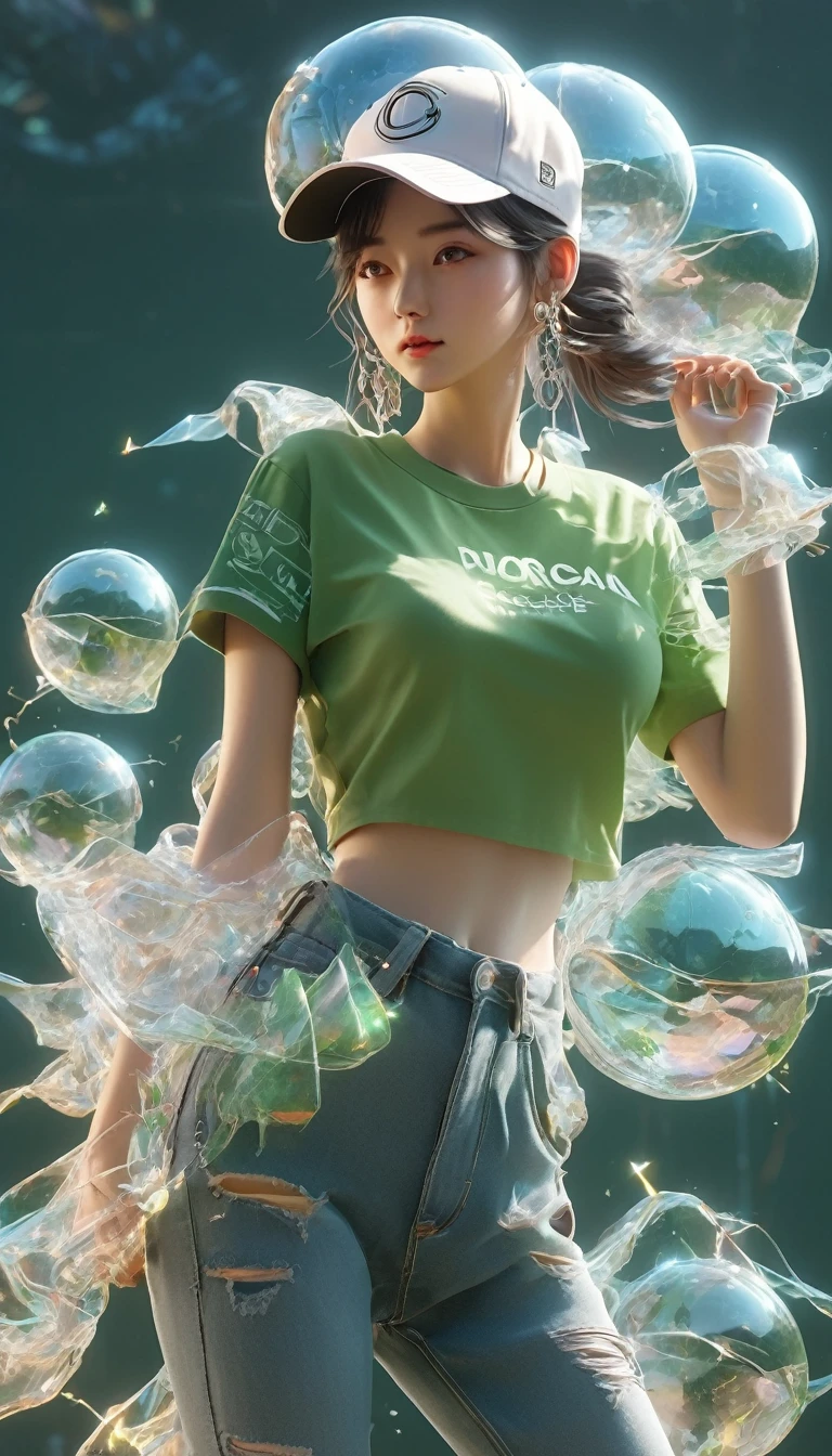 (Transparent Hip Hop Girl：0.65), （Hip-hop costumes：0.65），透明Light线追踪，crazy hip hop style，Baseball cap，Blue denim ripped jeans。Green T-shirt，Surreal, Visual exaggeration, Nano punk,Atomic Punch, gather ,Circuit,Light,♒︎,Pisces, ♓︎,Unreal Engine,Octane Rendering,V-Ray,High Detail ,Super quality,high resolution,Surrealism,16K,Ultra wide angle,satellite view,生物发Light,