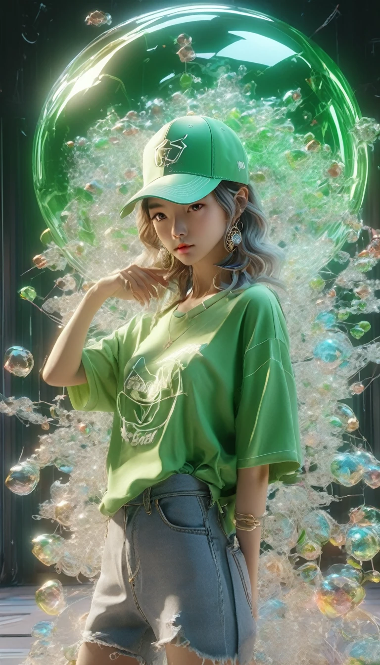 (Transparent Hip Hop Girl：0.65), （Hip-hop costumes：0.65），透明Light线追踪，crazy hip hop style，Baseball cap，Blue denim ripped jeans。Green T-shirt，Surreal, Visual exaggeration, Nano punk,Atomic Punch, gather ,Circuit,Light,♒︎,Pisces, ♓︎,Unreal Engine,Octane Rendering,V-Ray,High Detail ,Super quality,high resolution,Surrealism,16K,Ultra wide angle,satellite view,生物发Light,