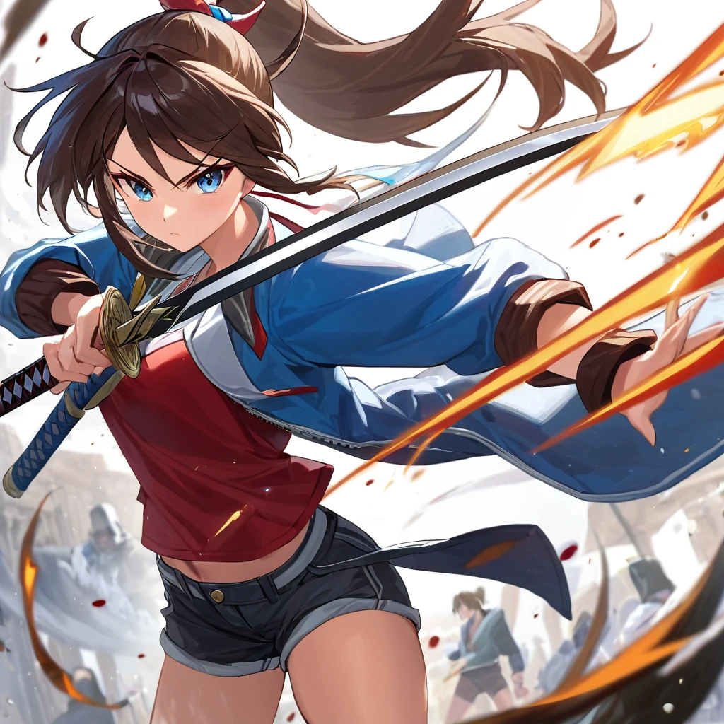 (best quality, masterpiece), (best quality, masterpiece)+, (best quality, masterpiece)(masterpiece, best quality) Young woman, unruly hair, ponytail, wearing a jacket, shorts, Drawing a sword, dynamic pose combat,