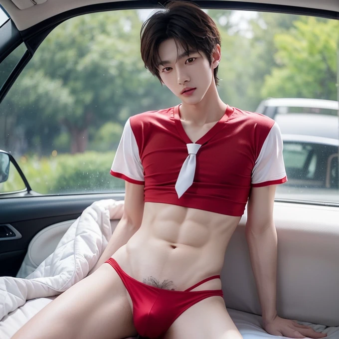 Korean handsome male idol,,transparent clothes, Penis and breasts protrude, red white tee,necktie , naked man,slave, Thin and skinny body type, Sitting with legs in a W shape, looking forward , It pops out, Tight, penis visible,frail boy, in the car, forced relationship, Going to academy