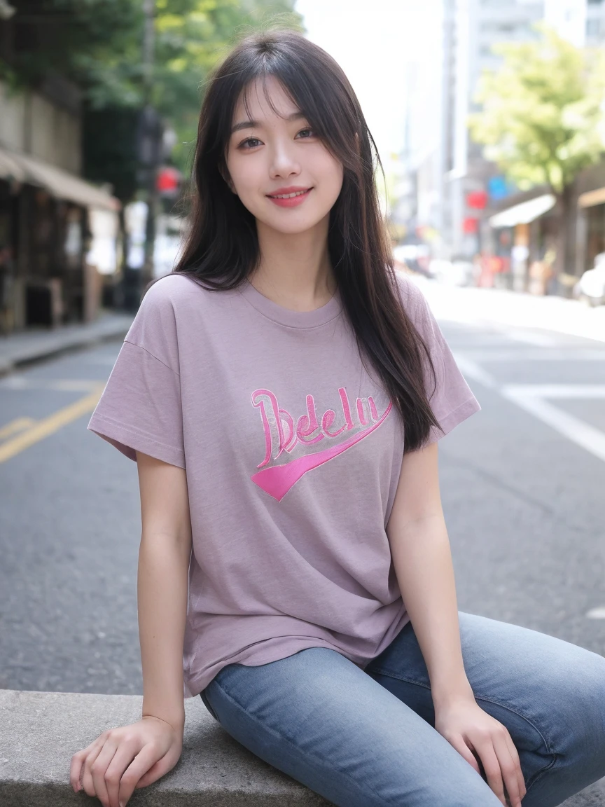 Realistic,score_9, score_8_Excellent, score_7_Excellent, break, 1人of女性(40s:1.2),alone,Tie long hair to the side,From before,Face Focus,(View your viewers:1.2),A kind smile(Laugh with your mouth closed:1.2),Full body portrait(Medium:1.2),(bright,Polaroid,(depth_of_Field:1.5),晴れof日,Outdoor,street,目of間of毛,Moody lighting,Lens flare,Available Light,Rim Light,Shining neon lights,Curvy,Tshirt(レディース リラックスTshirt Bella Canvas 00 Heather Prism Natural(Heather Mauve:1.2),Plain,Blue Jeans,日本of女性