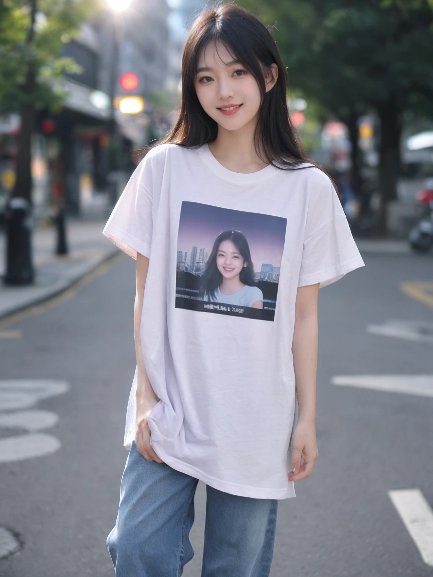 Realistic,score_9, score_8_Excellent, score_7_Excellent, break, 1人of女性(40s:1.2),alone,Tie long hair to the side,From before,Face Focus,(View your viewers:1.2),A kind smile(Laugh with your mouth closed:1.2),Full body portrait(Medium:1.2),(bright,Polaroid,(depth_of_Field:1.5),晴れof日,Outdoor,street,目of間of毛,Moody lighting,Lens flare,Available Light,Rim Light,Shining neon lights,Curvy,Tshirt(レディース リラックスTshirt Bella Canvas 00 Heather Prism Natural(Heather Mauve:1.2),Plain,Blue Jeans,日本of女性