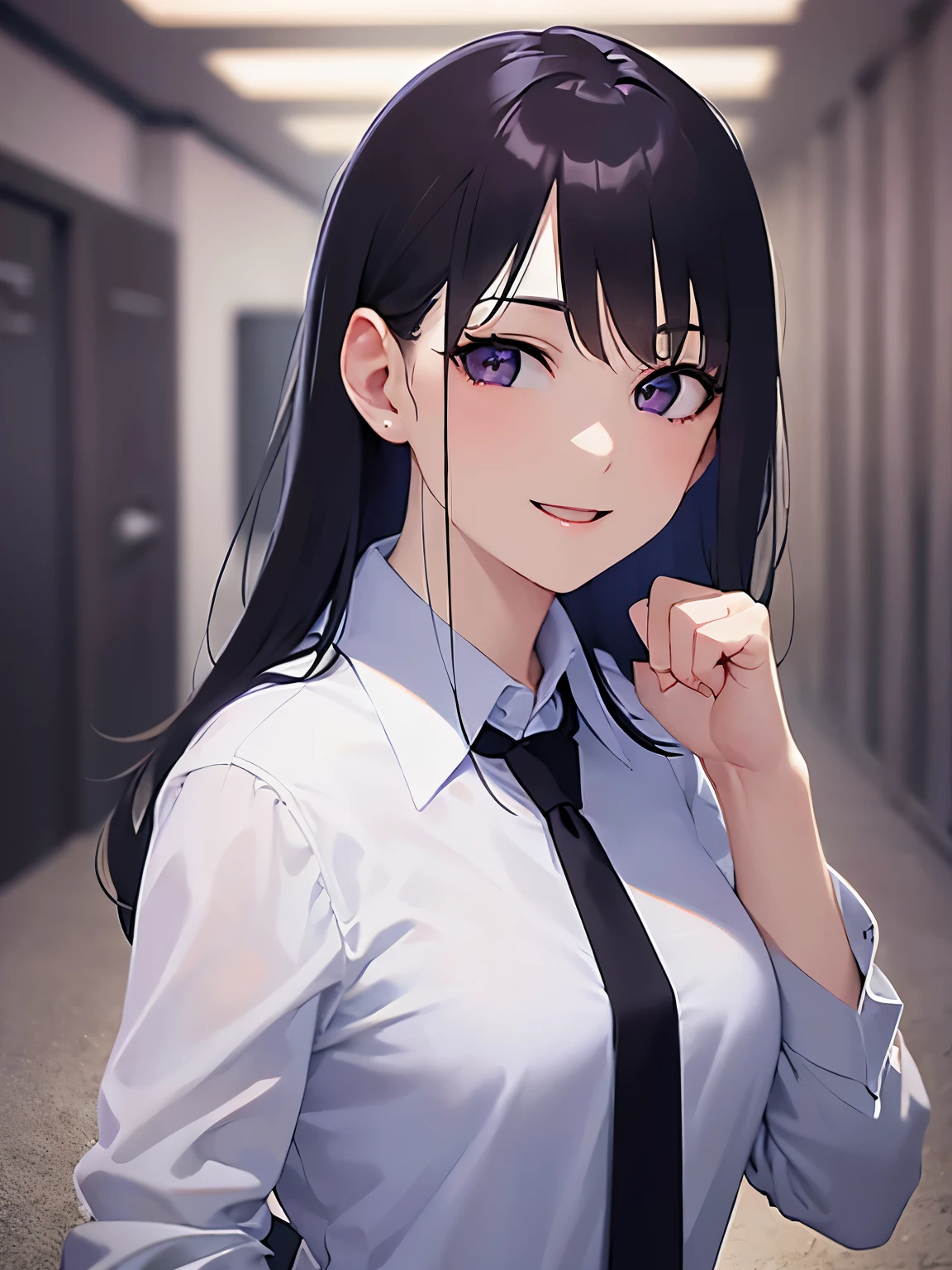 (fist:1.5)、Biologically correct five fingers、Realistic, real person, (pale skin: 1.2), RAW photo, photorealistic, shiny skin, shiny hair、(A 25-year-old woman with straight hair and bangs) and (medium hair) and (black hair) and (purple eyes) , (business suit:1.5) and (white collared shirt)、(smile:1.5), open mouth, The background is a company corridor、Alone、