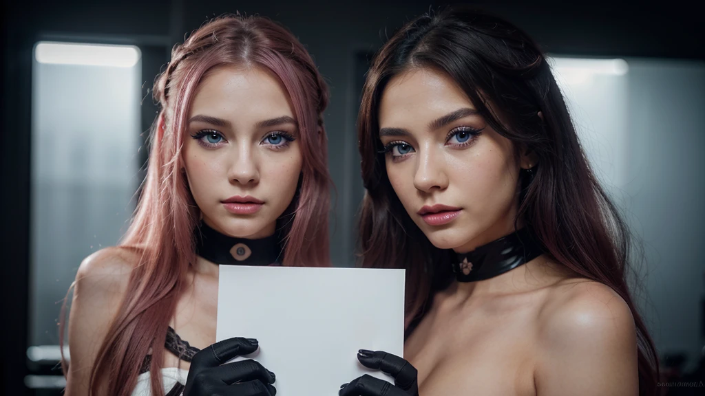 8k, realistic, ultra quality, beatiful girl, Stern anime girl, no background, (Highest Quality, Amazing Details:1.25), cinematic lighting, unique, whole body in picture, black gloves, high-quality, very long hair, hair intakes, makeup, lipstick, eyelashes, ultra detailed eyes, ultra detailed face, ultra detailed lips, ultra detailed lipstick, ultra detailed makeup, 18 years girl, blue eyes, pink hair, masterpiece, 8k, holding a blank paper