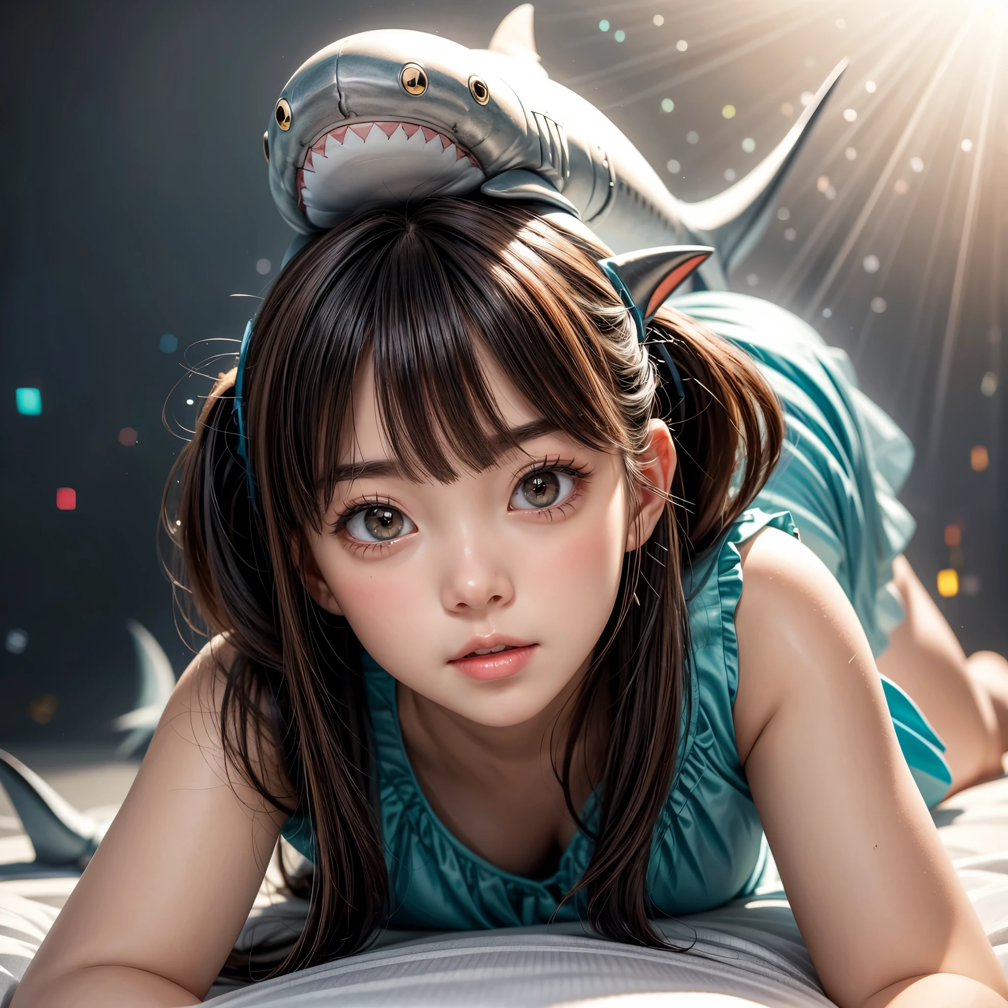 ((( stuffed full body Shark on Head))), 8k, High-level, absurd, masterpiece, best quality, primitive, very detailed CG, very detailed wallpaper, perfect lighting, Extremely detailed ((( personifying " Shark " as a ))), MysticSight, Tyndall effect, Tyndall scattering, (Studio gray background with (Overflowing oodles Dazzling RainbowColorParticles (BokeH))), (RoundlyButts, ThighGap), (Exposed:0.4), (Assfocus with looking ahead) BREAK (Acutance:0.88), (NOGIZAKA face variations) Extremely Detailed very KAWAII face variations, perfect anatomy, Childish, CaptivatingGaze ElaboratePupils detailed Eyes with (sparkling highlights:1.28), (Voluminous LongEyelashes:0.88)、GlossyRED Lips with beautiful details, RosyCheeks, Radiant PearlSkin with Transparency . { (Dynamic LifeLike expressions:1.4) | (:d) }, (large eyes:-1) . ((no animal ears))
