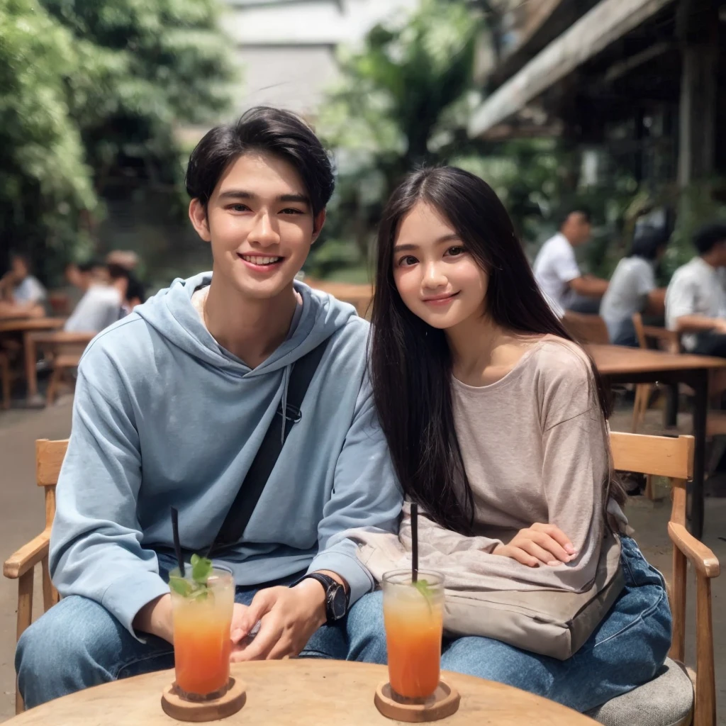 young couple, Indonesia, wearing casual clothes sitting on a cafe chair, faint smile cafe page background, There are 2 glasses of juice on the table, very detailed 8k