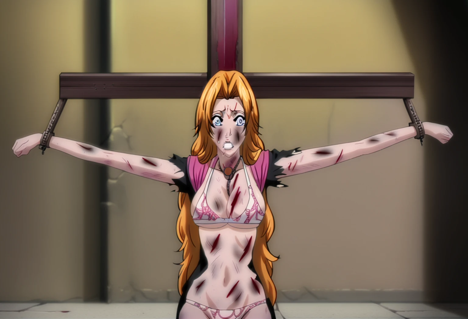 highest quality，masterpiece，uhd, Super detailed, 8K，(Beautiful woman)，(A Beautiful Woman)，((crucifixion:1.5))，(((cross)))，(execution)，((incontinence))，scared，torture，slave，((Woman in crucifixion at the cross：1.5)),crucifixion刑，((Rangiku Matsumoto:1.5)), white bikini，((Torn clothes：1.5))，((Tearing of clothes：1.5))，(tattered clothes：1.5)，Beaten face，顔にtraces of being beaten，((bruises on body))，scars on body，injured face and body，(Bruise, dirty, torn clothes, revealing clothes, Blood:1.3)，traces of being beaten，Defeated heroine，a devastated world，ruins，abandoned building，(burning at the stake)，((roasted over fire：1.2))，inflammation，(Inflammation)，Inflammation at my feet, very accurate, almost naked