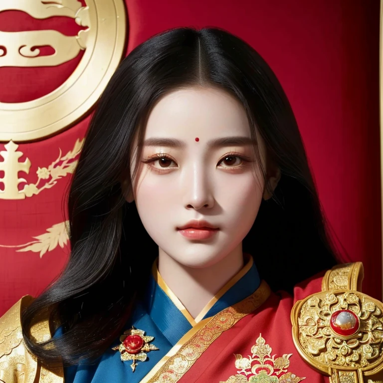 Araffe sat in a chair wearing a red uniform and a gold crown., palace ， a girl in Hanfu, Beautiful Fantasy Empress, Empress of China, Portrait of the young empress, ((Beautiful Fantasy Empress)), Chinese princess, Inspired by Guo Xi, Inspired by Wang Meng, Chai Sukun, Hanfu, Inspiration from Qiu Ying
