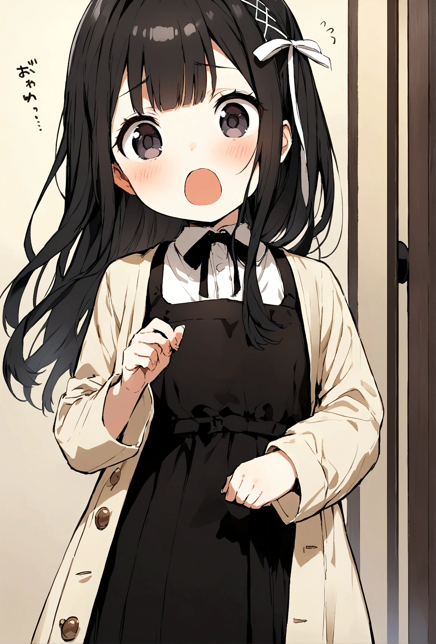 Black Hair、long、Grating、Ribbon hair ornament on the right、About 7 years old、She is singing with a little embarrassment.