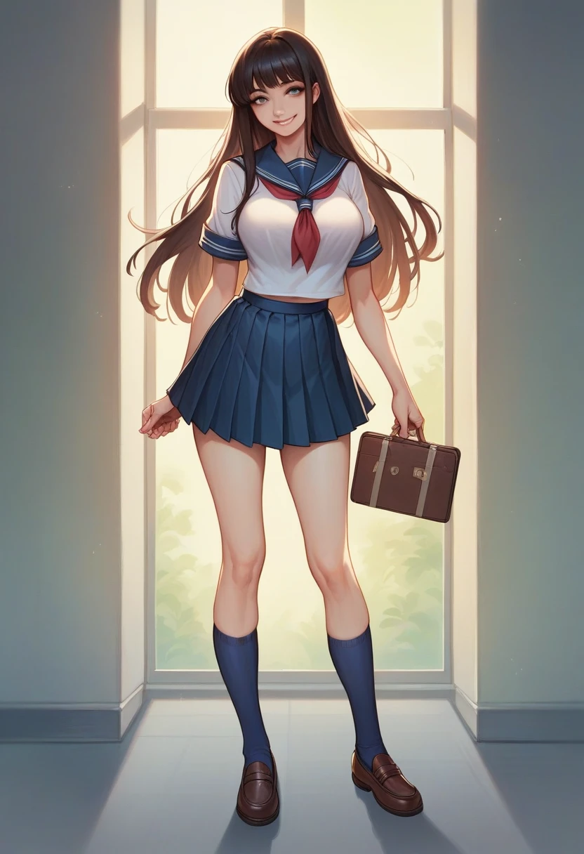 8K, best quality, Beautiful figure, Highly detailed, high resolution, realistic, raw picture, nonsense, absolute resolution, 1 girl in, full body, looking at the audience, A Japanese woman with a very cute face., Very seductive figure, big breasts, Long bob hair, smile, (School uniform: 1.3), High dark blue socks, beautiful eyes, windy, (I'm sitting on a chair in the classroom.: 1.3), glossy lips, Double eyelids in both eyes, natural makeup, Long eyelashes, Light brown ponytail, shiny and smooth., shill, Shiny skin, Center image, high resolution, Highly detailed, detailed hairstyle, detailed face, Amazing movie lights, Octane rendering, bright, Very realistic, perfect limbs, perfect anatomy