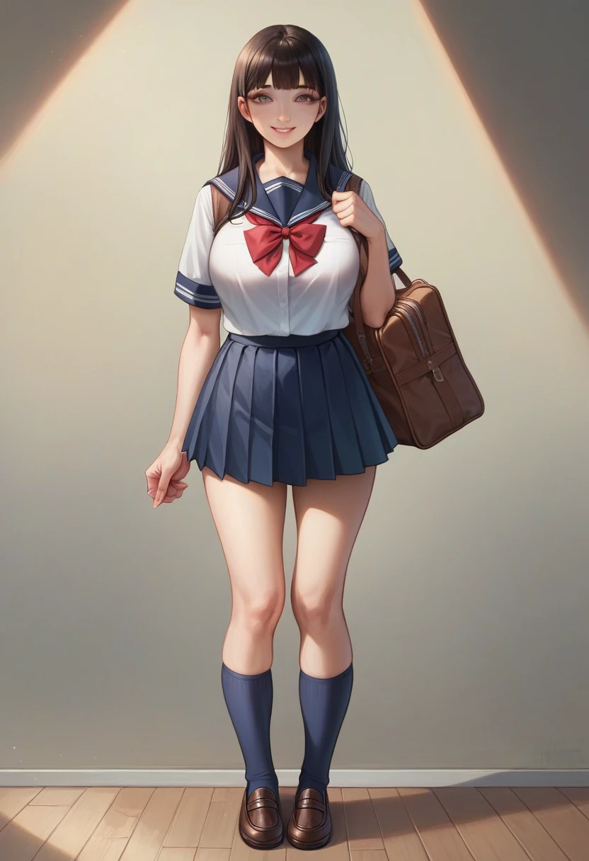 8K, best quality, Beautiful figure, Highly detailed, high resolution, realistic, raw picture, nonsense, absolute resolution, 1 girl in, full body, looking at the audience, A Japanese woman with a very cute face., Very seductive figure, big breasts, Long bob hair, smile, (School uniform: 1.3), High dark blue socks, beautiful eyes, windy, (I'm sitting on a chair in the classroom.: 1.3), glossy lips, Double eyelids in both eyes, natural makeup, Long eyelashes, Light brown ponytail, shiny and smooth., shill, Shiny skin, Center image, high resolution, Highly detailed, detailed hairstyle, detailed face, Amazing movie lights, Octane rendering, bright, Very realistic, perfect limbs, perfect anatomy