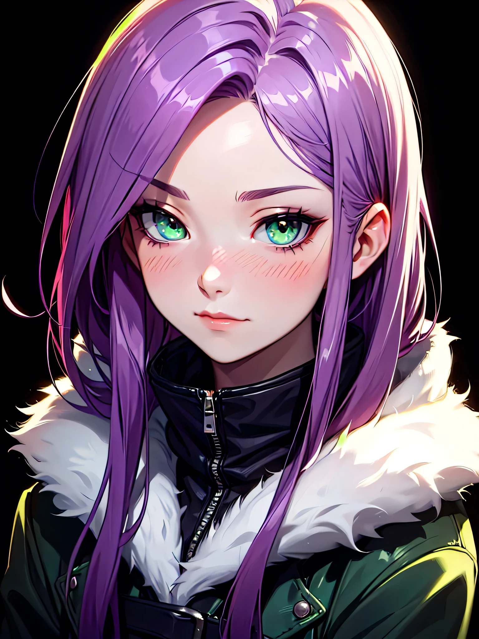 ((Portrait)), She has an Graceful, Purple-Haired Appearance, with Childlike Charm, Pale Skin, and a Very Small Build. She Expresses an Indifferent and Blushing Look, Giving Off a Warm Attitude. She has Light Green Eyes, and Her Hair is Long and Tousled, Dark Purple, with Strands Falling Over Her Forehead. She Wears a Winter Coat. ((Portrait, HDR, Dark Background))