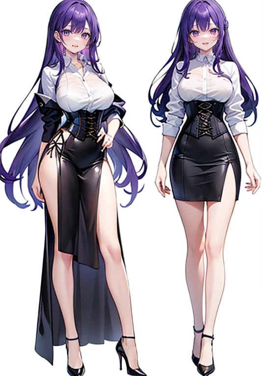 Purple hair,long hair,Adult female,suit,((White shirt)),((Rolling up your sleeves shirt)),(corset),(skirt),(slit),High heels,((Simple White background)),Smile,((Full body)),((whole body)),(((upright)))