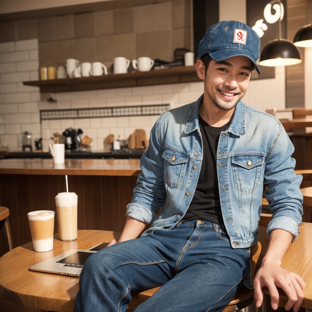 a man sit on cafe tabble, working on apple laptop, smile to camera, denim jacket, wear cap