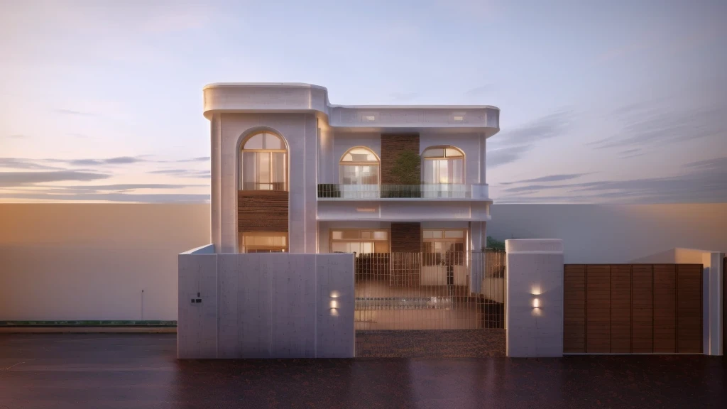 a rendering of a two story house with a gate and a fence, complete house, frontview, white, architectural concept, 3d rendering, 3 d rendering, exterior design, highly detailed architecture, front perspective, house on background, residential design, with 3 d render, with 3d render, architectural design, front elevation view, realistic building, front-view, Tree background