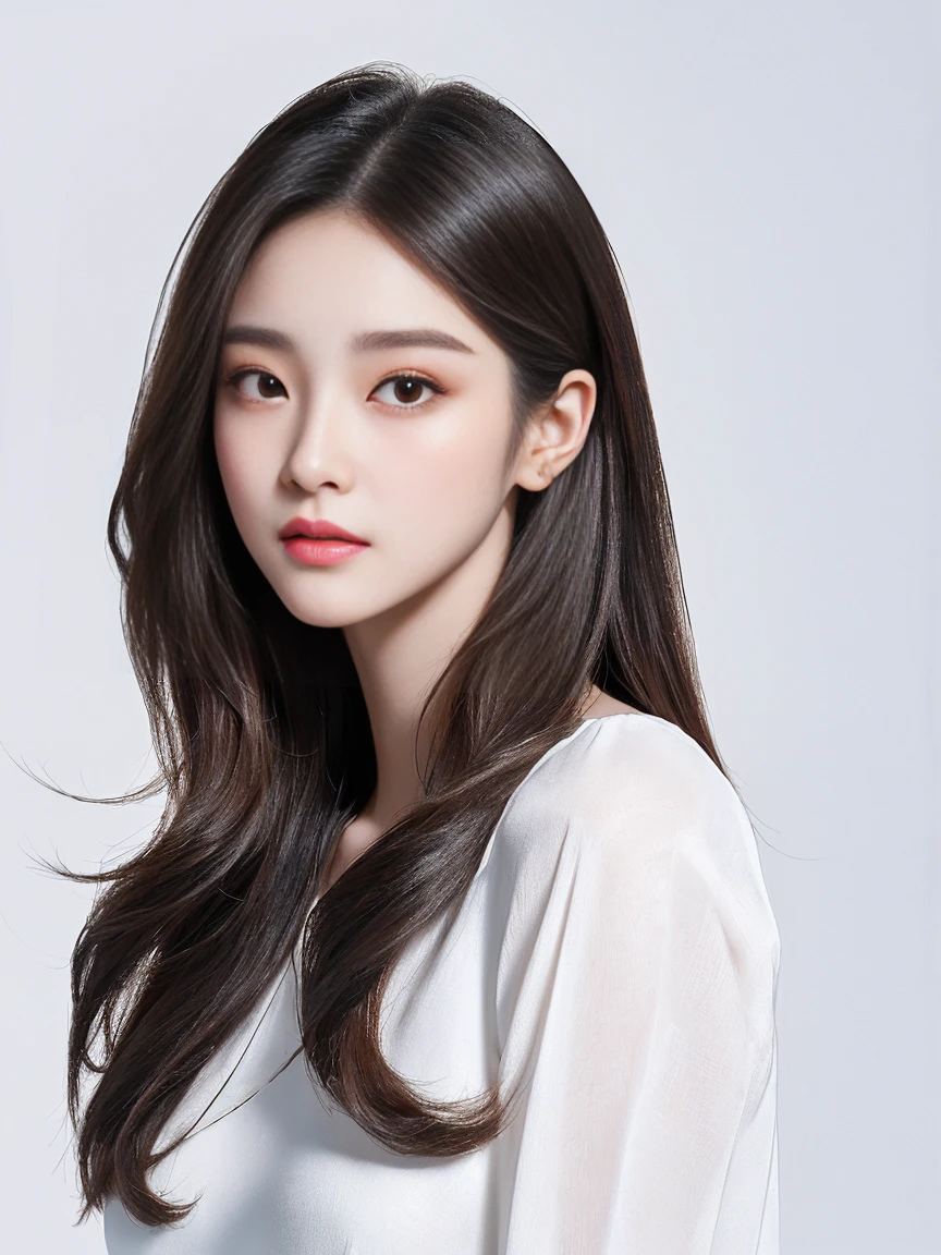 A long-haired woman wearing a white top and white blouse, Popular Korean makeup, inspired by Yanjun Cheng, Round Face, WAN cute Korean face, Popular Korean makeup, Inspired by Shen Si Zheng, Korean facial features, korean symmetrical face, Beautiful face, Young and cute Korean face, Portrait of a Korean female idol, Nam Jae-yeon