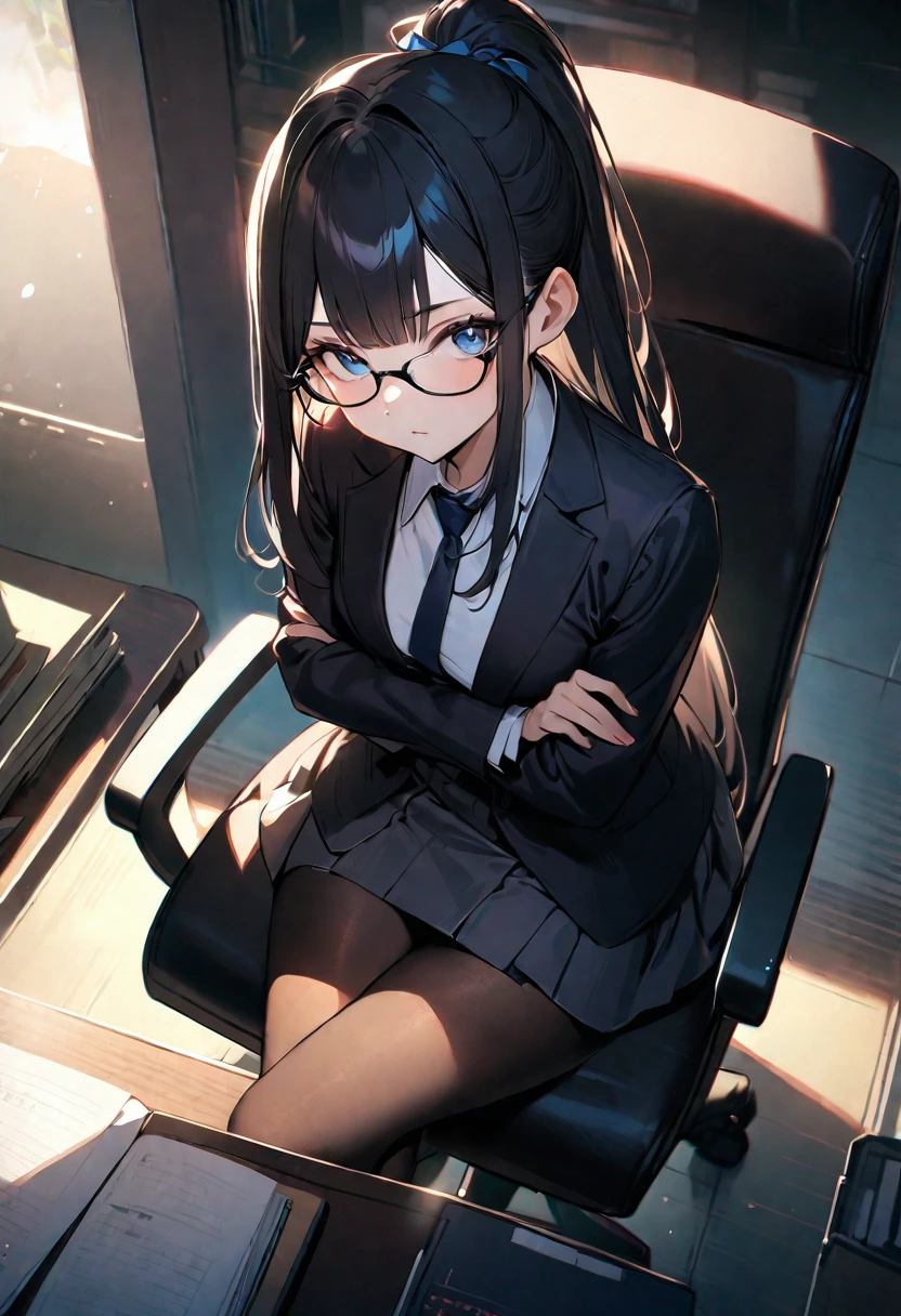 1 girl, 18 years old, long hair, black hair, straight hair, high ponytail, short bangs above brows, blue eyes, black glasses, expressionless,
BREAK (masterpiece), (high resolution 8K), cinematic lighting, professional lighting, detailed eyes and face, detailed body,
BREAK office lady, skirt, white blouse, tie, pantyhose, crossed legs, crossed arms,
BREAK indoors, in the office, desk, sitting on the black chair, from above,