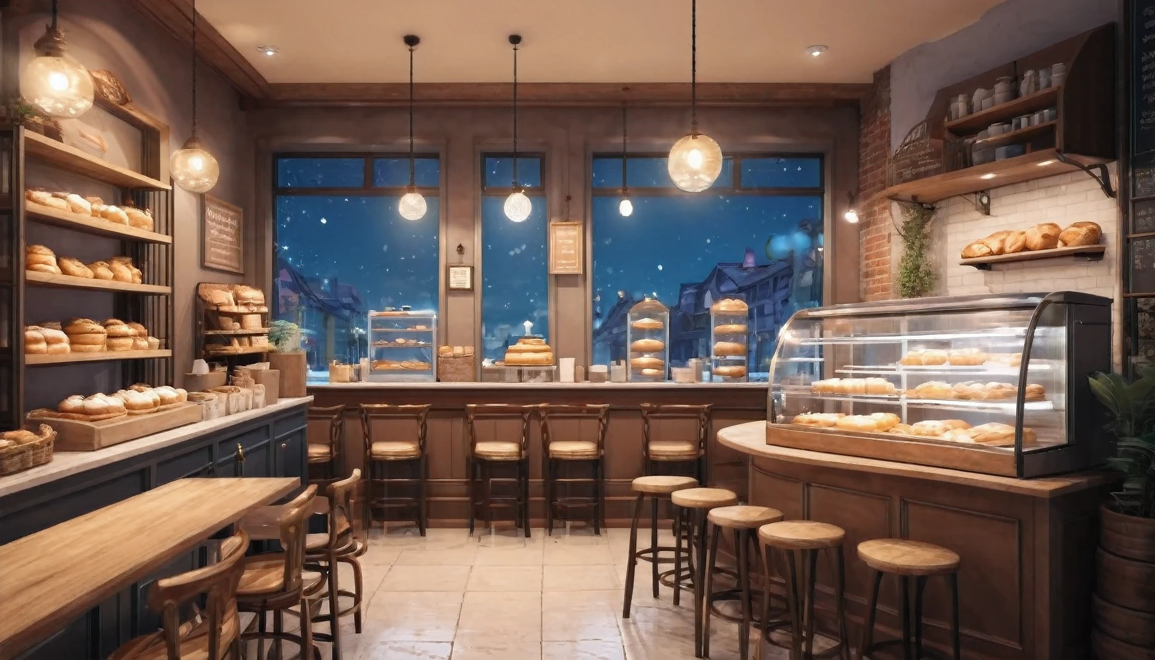 there is a small bakery with a counter and a window, cozy cafe background, coffee shop, fantasy bakery interior setting,
