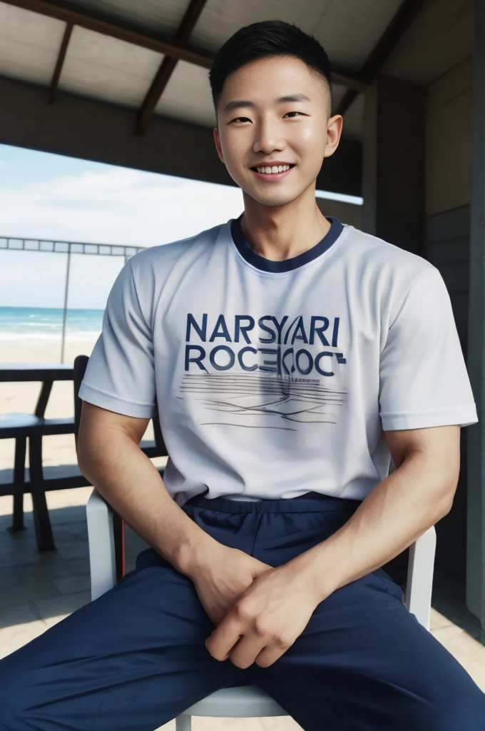 (Create a masterpiece: 1.2),(CGI art:1.3),(realistic:1.5),(After processing:1.3), (Sharp focus:1.3), 1 man sitting on a chair, open mouth, smile, (T-shirt without logo:1.5), Navy cargo pants, Korean guy , korean men, (High gloss details), chest muscles, large arm muscles, blood vessel, Big muscles, Broad shoulders, looking at the audience, Balancing the eyes, seaside beach sunshine looking at the bakery