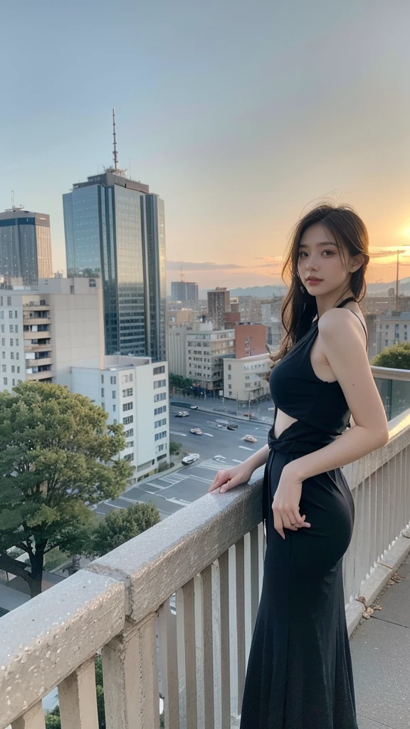 (8K、Raw photo、Highest quality、masterpiece:1.2)、(Realistic、Realistic:1.37)、Ultra-high resolution、One Girl、cute、alone, Browsing Caution,Highest quality,masterpiece,8K,Droopy eyes,Big Breasts,Beautiful breasts, Outdoor, Spanish cityscape, Black dress, Highly detailed face, Highly detailed lips, fine grain, double eyelid, Exquisite detail and subtle sparkle, Photograph her in poses that reflect both grace and confidence, Enhance visual effects with cinema lighting. Use modern 2D designs for your backgrounds, Create beautifully, Balanced composition. Enhance the scene with elements such as depth of field, bloom effect, And a touch of sparkle, Adds a dreamy texture to the entire image. Pay close attention to detail