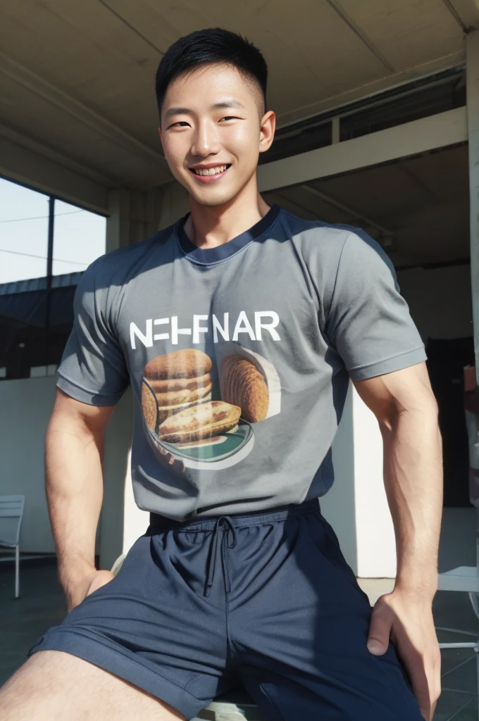 (Create a masterpiece: 1.2),(CGI art:1.3),(realistic:1.5),(After processing:1.3), (Sharp focus:1.3), 1 man sitting on a chair, open mouth, smile, (T-shirt without logo:1.5), Navy cargo pants, Korean guy , korean men, (High gloss details), chest muscles, large arm muscles, blood vessel, Big muscles, Broad shoulders, looking at the audience, Balancing the eyes, seaside beach sunshine looking at the bakery