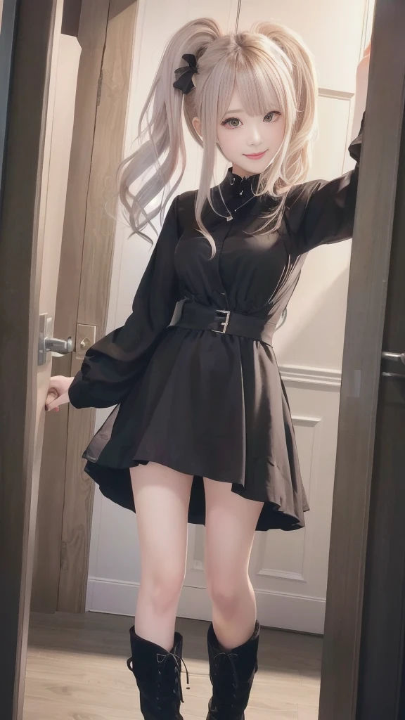 Anime girl standing in a doorway wearing a black dress and black boots, Anime girl in a black dress,  In a dress, from Girls&#39; Frontline, Girls&#39; Frontline style, Cute anime waifu in a nice dress, Fine details. Girls&#39; Frontline, Cute girl anime visuals, Girls&#39; Frontline cg, blonde anime girl with long hair, Beautiful anime school girl, (Detailed eyes and face:1.3, Professional photography techniques), (Detailed hands), (Highest quality, 8K, masterpiece:1.2, RAW Photos)