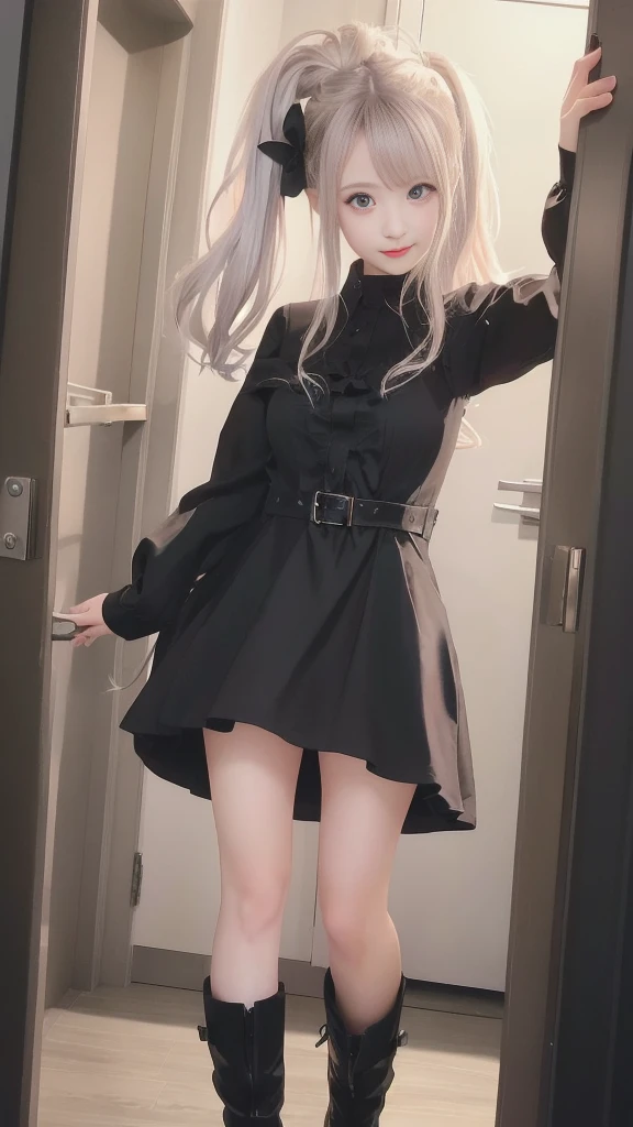 Anime girl standing in a doorway wearing a black dress and black boots, Anime girl in a black dress,  In a dress, from Girls&#39; Frontline, Girls&#39; Frontline style, Cute anime waifu in a nice dress, Fine details. Girls&#39; Frontline, Cute girl anime visuals, Girls&#39; Frontline cg, blonde anime girl with long hair, Beautiful anime school girl, (Detailed eyes and face:1.3, Professional photography techniques), (Detailed hands), (Highest quality, 8K, masterpiece:1.2, RAW Photos)