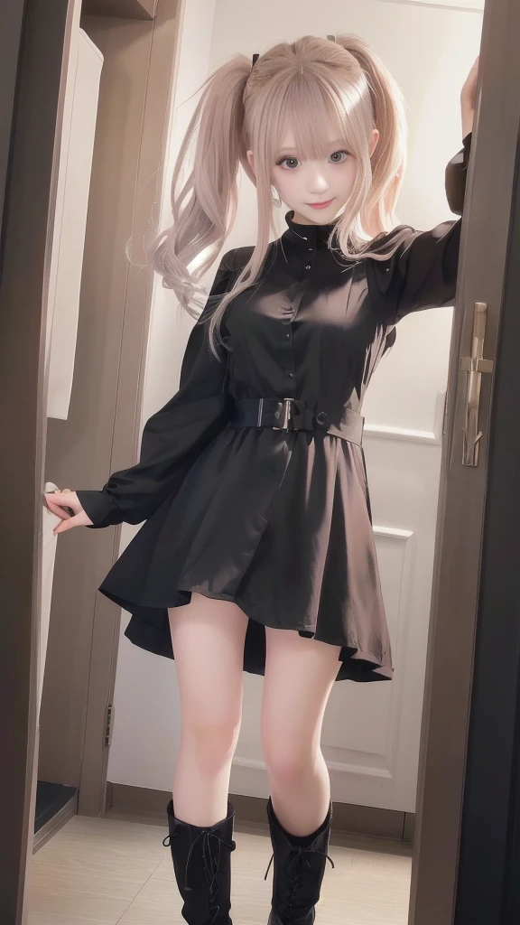 Anime girl standing in a doorway wearing a black dress and black boots, Anime girl in a black dress, In a dress, from Girls' Frontline, Girls' Frontline style, Cute anime waifu in a nice dress, Fine details. Girls' Frontline, Cute girl anime visuals, Girls' Frontline cg, blonde anime girl with long hair, Beautiful anime school girl, (Detailed eyes and face:1.3, Professional photography techniques), (Detailed hands), (Highest quality, 8K, masterpiece:1.2, RAW Photos)