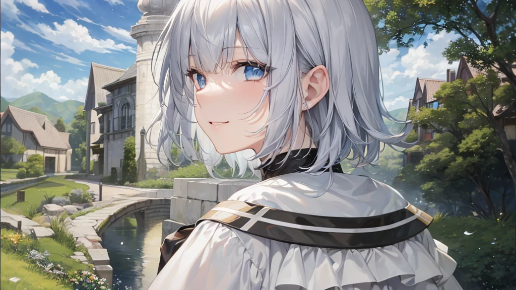 Ultra HD,Look at the viewers, Put your hands behind your back, With a girl, 20-year-old, 非常にShort Hair, Long bangs between the eyes, Pale blue eyes, Very detailed,(masterpiece、Highest quality),Gray Hair、Laughter、Fantastic, Silver Hair, Iris, Short hair、 Fluttering Hair、Small Face、明るいsmile、(Detailed face) ,Professional Lighting,Wonderful landscape,blue sky, sunlight,Looking down from above,Portraiture、Open your mouth、Flower Field、Her eyes were shining、Mysterious and enchanting atmosphere。With AI Painting、とてもShort Hair, Long bangs between the eyes, Very detailed,(masterpiece、Highest quality)、alone、Gray Hair、Fantasy, Silver Hair, Fantasyな風景、White shirt、smile、Open your mouth、short hair、Short Hair、hairpin、black eye、Grey Eyes、Beautiful Eyes、