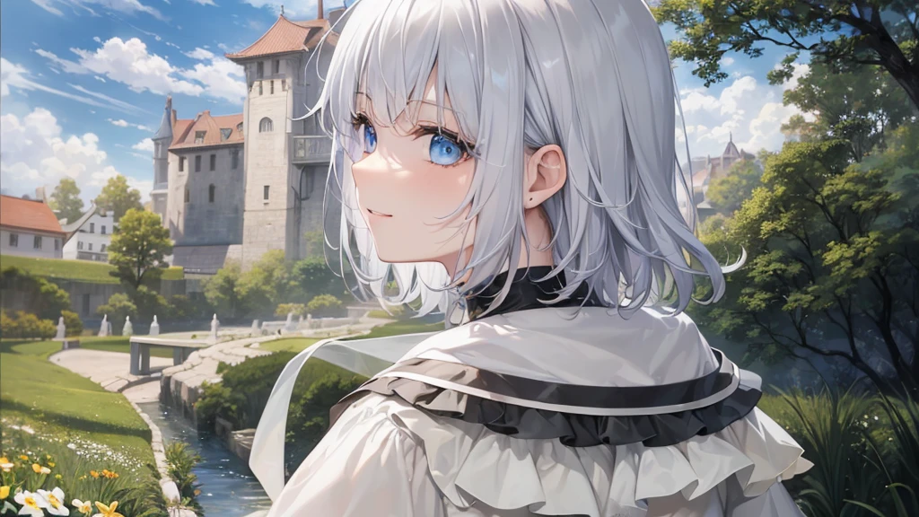 Ultra HD,Look at the viewers, Put your hands behind your back, With a girl, 20-year-old, 非常にShort Hair, Long bangs between the eyes, Pale blue eyes,  Very detailed,(masterpiece、Highest quality),Gray Hair、Laughter、Fantastic, Silver Hair, Iris,  Short hair、 Fluttering Hair、Small Face、明るいsmile、(Detailed face) ,Professional Lighting,Wonderful landscape,blue sky, sunlight,Looking down from above,Portraiture、Open your mouth、Flower Field、Her eyes were shining、Mysterious and enchanting atmosphere。With AI Painting、とてもShort Hair, Long bangs between the eyes, Very detailed,(masterpiece、Highest quality)、alone、Gray Hair、Fantasy, Silver Hair, Fantasyな風景、White shirt、smile、Open your mouth、short hair、Short Hair、hairpin、black eye、Grey Eyes、Beautiful Eyes、
