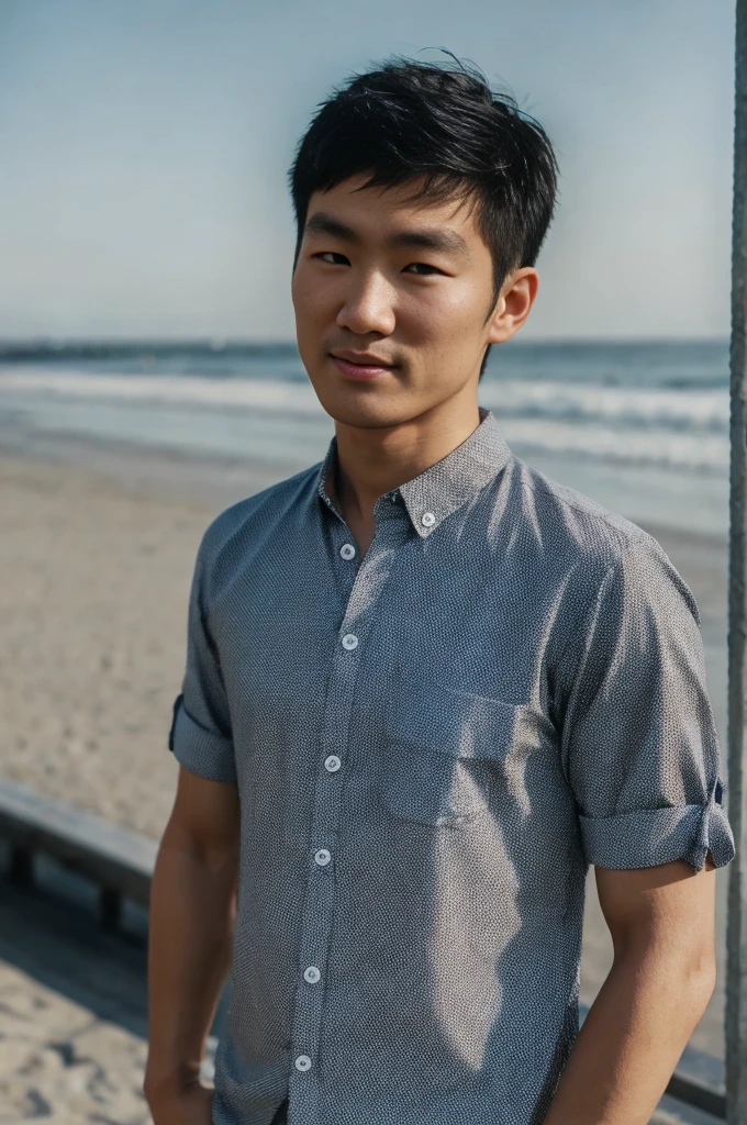 young asian man looking at camera In a shirt with open buttons , seaside beach sunshine looking at the sea