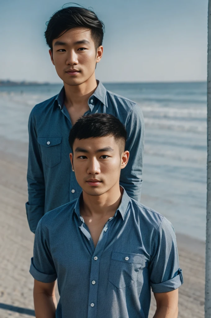 young asian man looking at camera In a shirt with open buttons , seaside beach sunshine looking at the sea