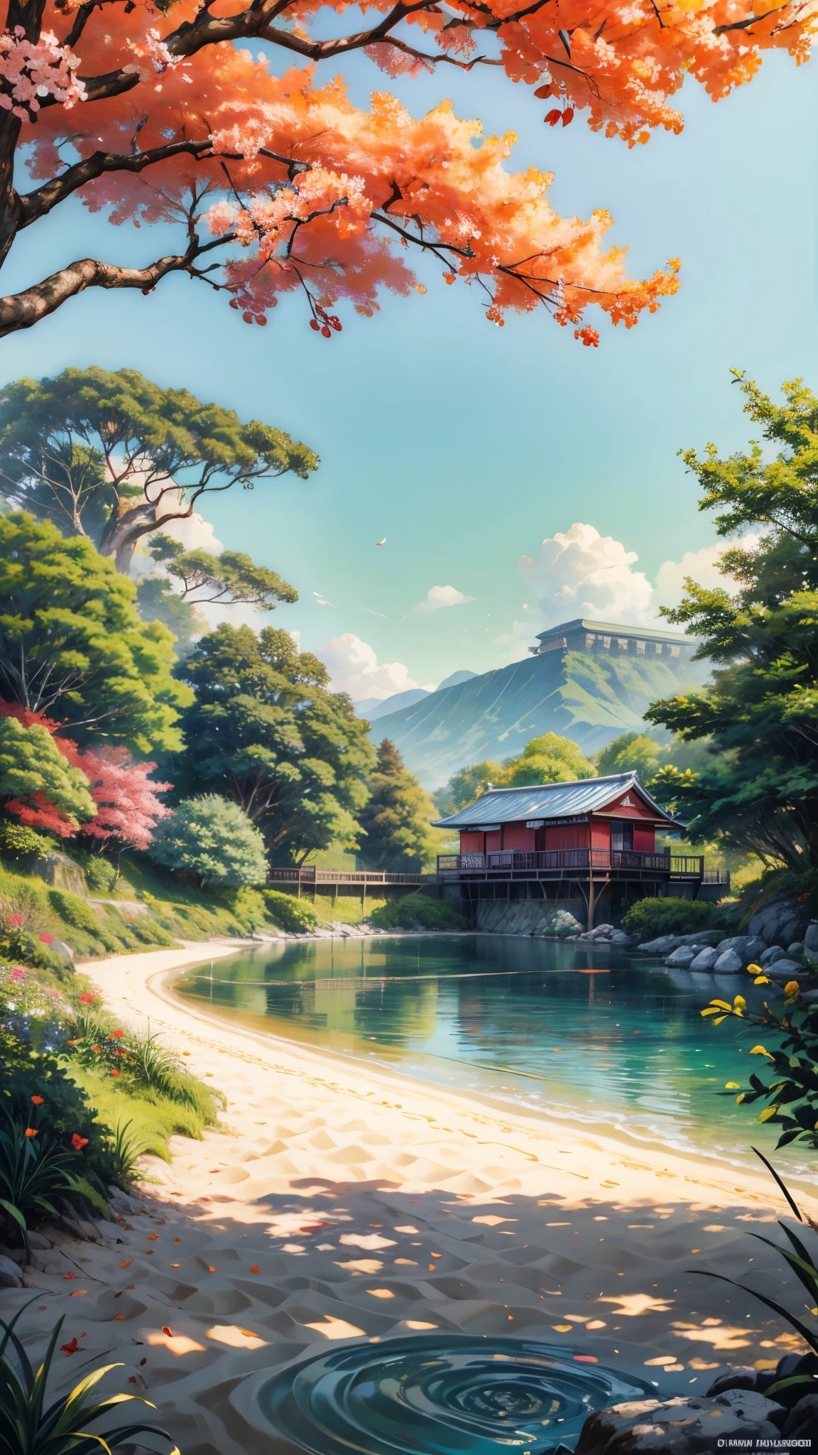 "Create a lively beach scene with bright colors. Paint a traditional Japanese wooden house a bright orange. The house should have several stories and be decorated with pink flowering trees, perhaps cherry blossoms, overhanging the roof. Include a red Volkswagen Beetle  classic parked next to it The backdrop should feature a stunning view of the beach with clear blue water, white sand and several small boats in the distance, add majestic cliffs covered in lush greenery that contrast with the deep blue sky above  orange trees laden with ripe fruit to enhance the colorful palette of the scene."