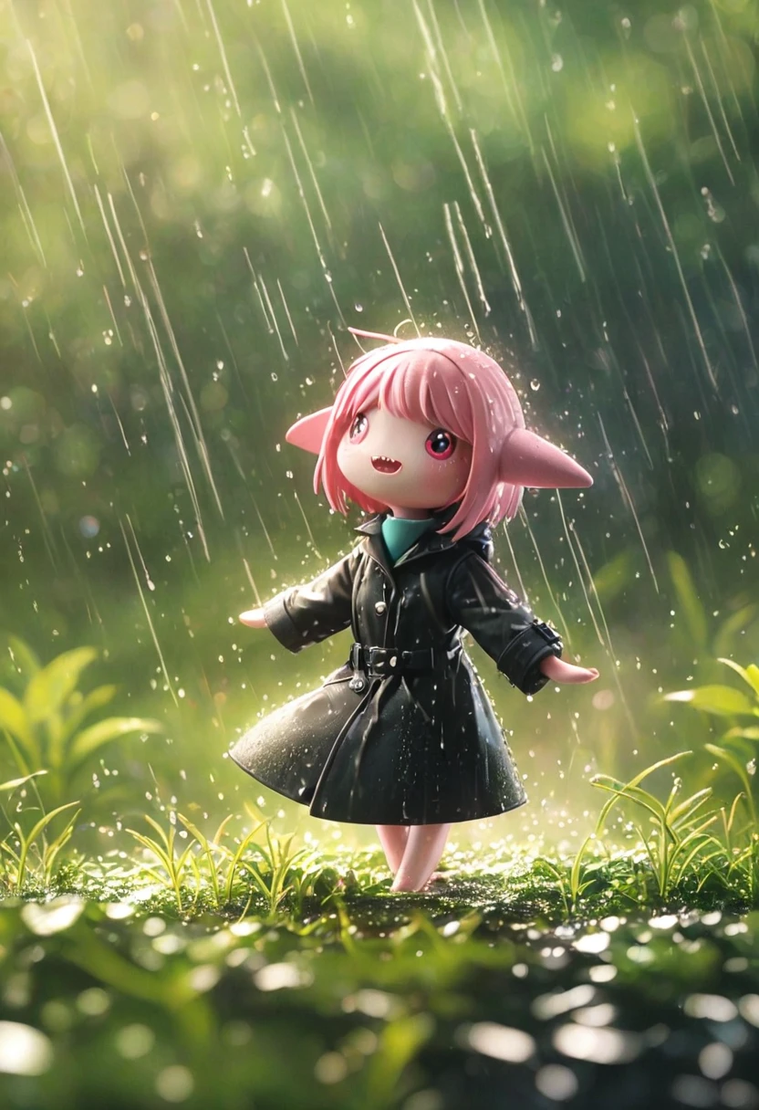 Sexy pink Shark Girl wearing a black trench coat,(No humans),E7E48U,Dancing in the Rain,rain, Background grassland