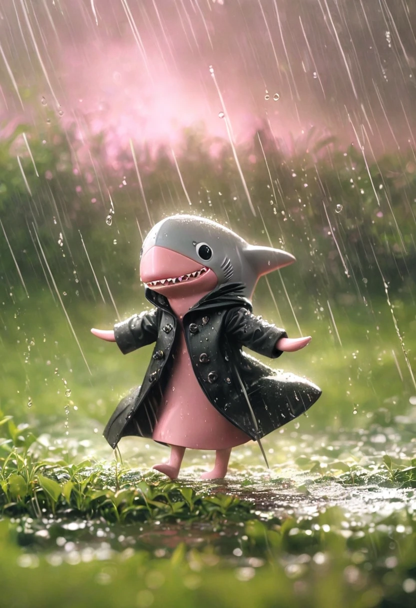 Sexy pink Shark Girl wearing a black trench coat,(No humans),E7E48U，Dancing in the Rain，rain, Background grassland