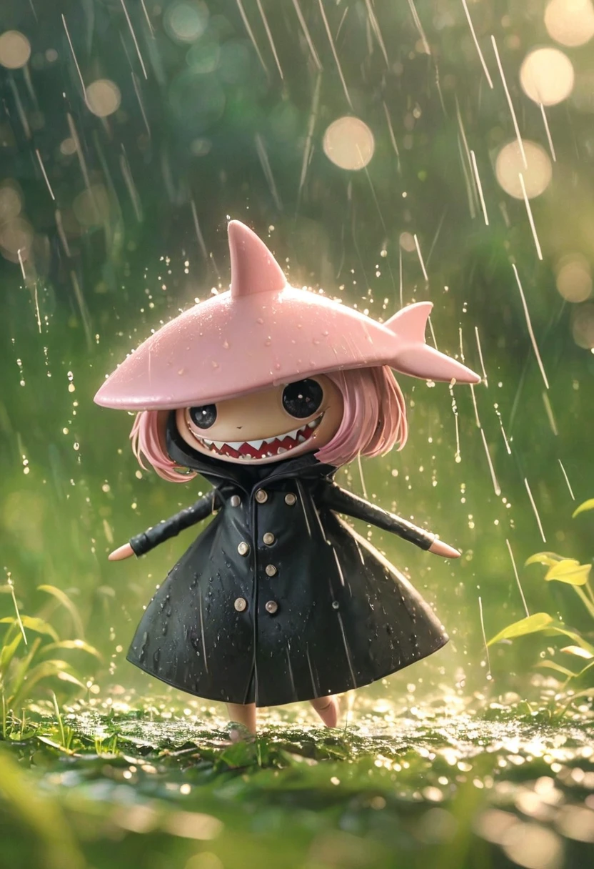 Sexy pink Shark Girl wearing a black trench coat,(No humans),E7E48U，Dancing in the Rain，rain, Background grassland