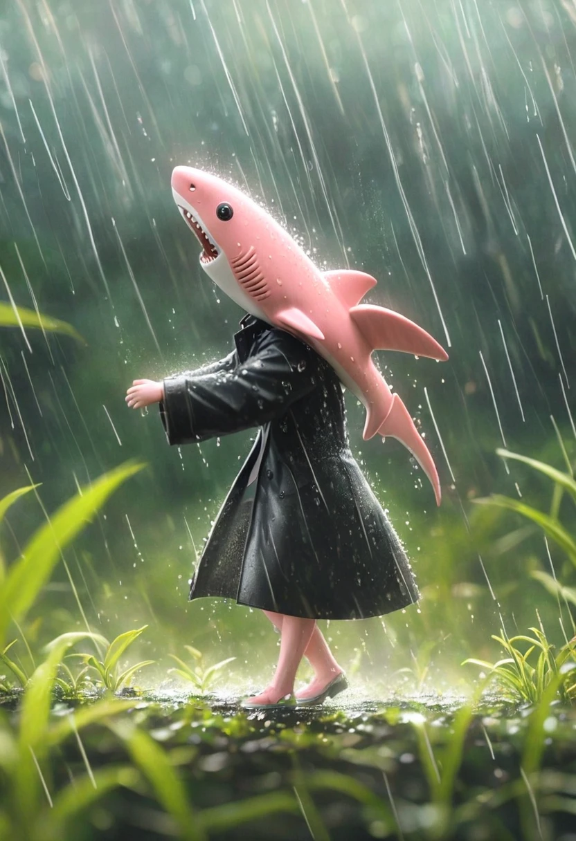 Sexy pink Shark Girl wearing a black trench coat,(No humans),E7E48U,Dancing in the Rain,rain, Background grassland