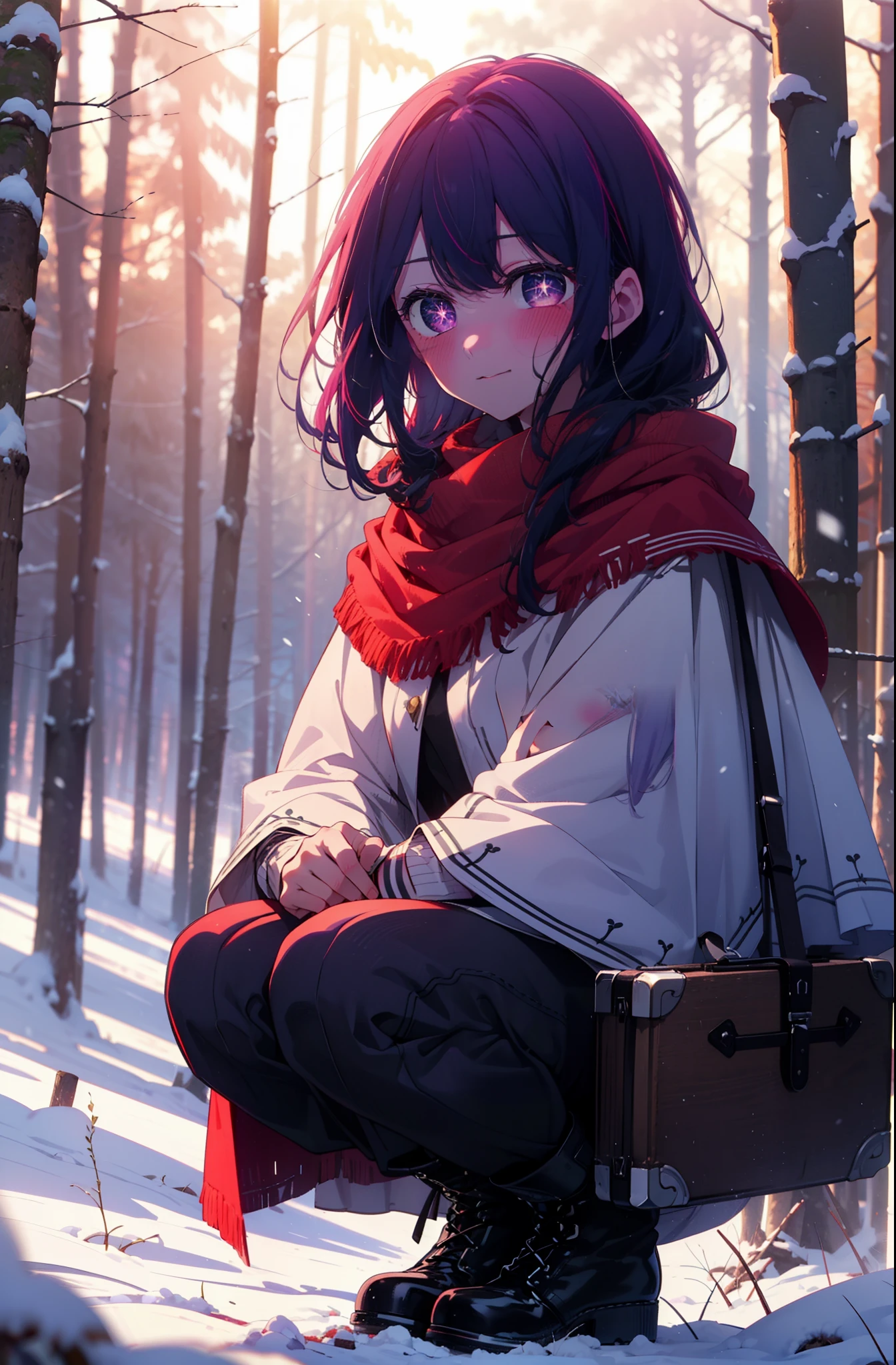 aihoshino, Ai Hoshino, Long Hair, bangs, (Purple eyes:1.1), Purple Hair, (Symbol-shaped pupil:1.5), smile,,smile,blush,White Breath,
Open your mouth,snow,Ground bonfire, Outdoor, boots, snowing, From the side, wood, suitcase, Cape, Blurred, , forest, White handbag, nature,  Squat, Mouth closed, Cape, winter, Written boundary depth, Black shoes, red Cape break looking at viewer, Upper Body, whole body, break Outdoor, forest, nature, break (masterpiece:1.2), Highest quality, High resolution, unity 8k wallpaper, (shape:0.8), (Beautiful and beautiful eyes:1.6), Highly detailed face, Perfect lighting, Highly detailed CG, (Perfect hands, Perfect Anatomy),
