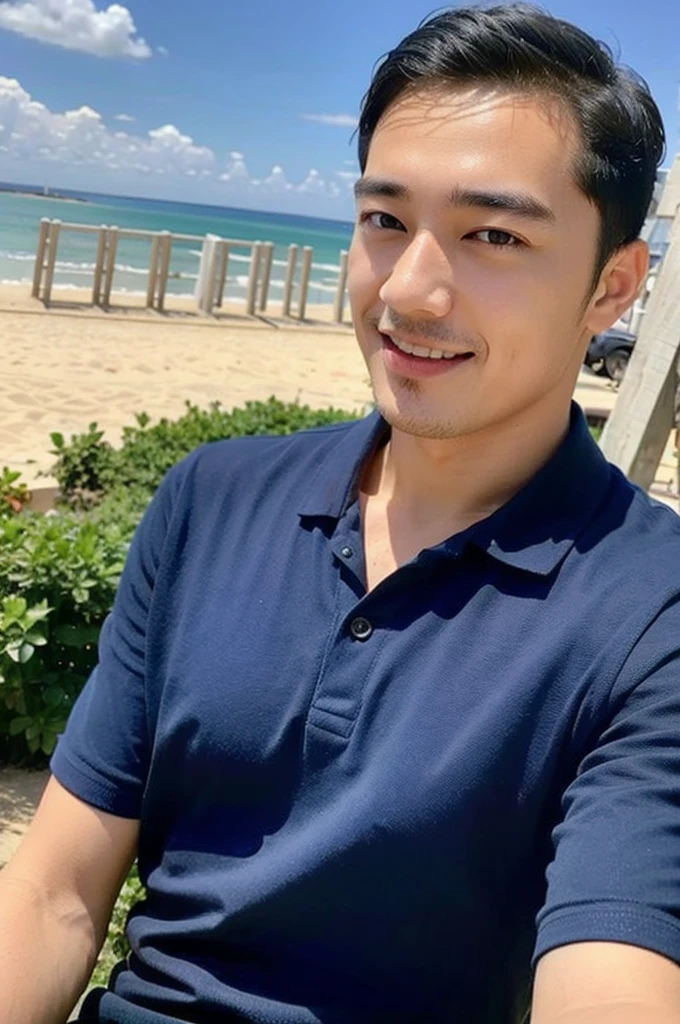young asian man looking at camera in a blue polo shirt , seaside beach sunshine looking at the sea