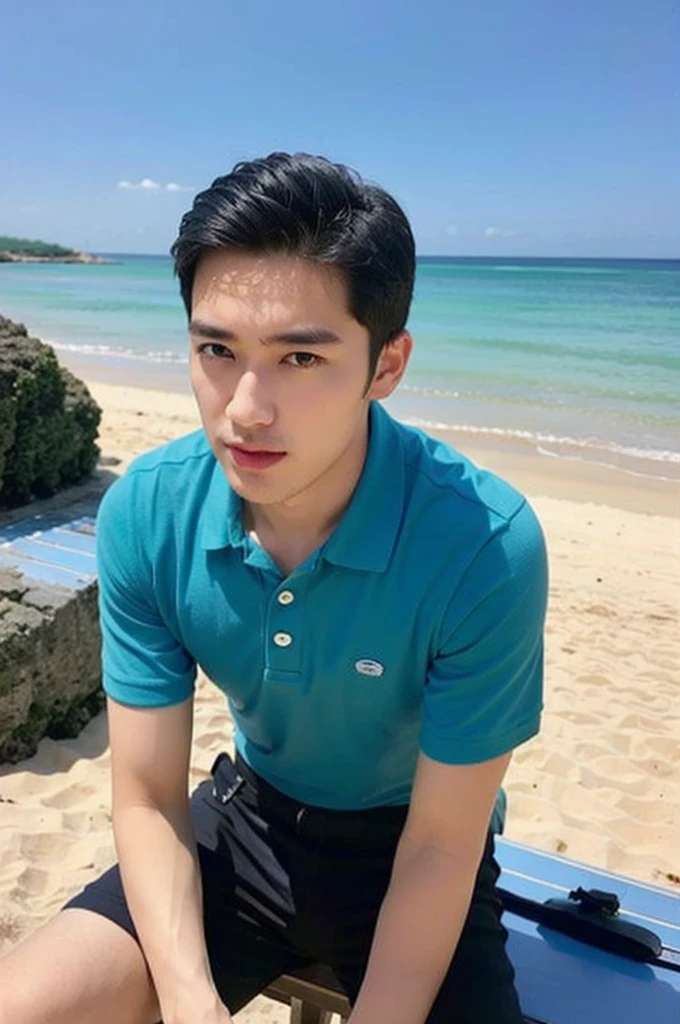 young asian man looking at camera in a blue polo shirt , seaside beach sunshine looking at the sea