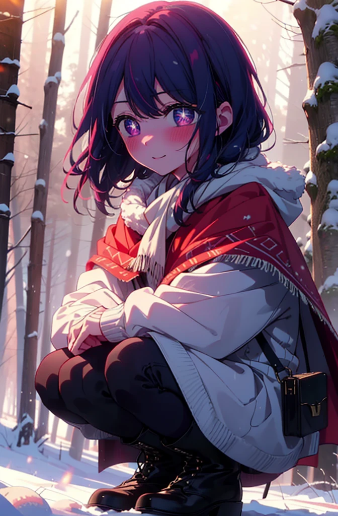 aihoshino, Ai Hoshino, Long Hair, bangs, (Purple eyes:1.1), Purple Hair, (Symbol-shaped pupil:1.5), smile,,smile,blush,White Breath,
Open your mouth,snow,Ground bonfire, Outdoor, boots, snowing, From the side, wood, suitcase, Cape, Blurred, , forest, White handbag, nature, Squat, Mouth closed, Cape, winter, Written boundary depth, Black shoes, red Cape break looking at viewer, Upper Body, whole body, break Outdoor, forest, nature, break (masterpiece:1.2), Highest quality, High resolution, unity 8k wallpaper, (shape:0.8), (Beautiful and beautiful eyes:1.6), Highly detailed face, Perfect lighting, Highly detailed CG, (Perfect hands, Perfect Anatomy),