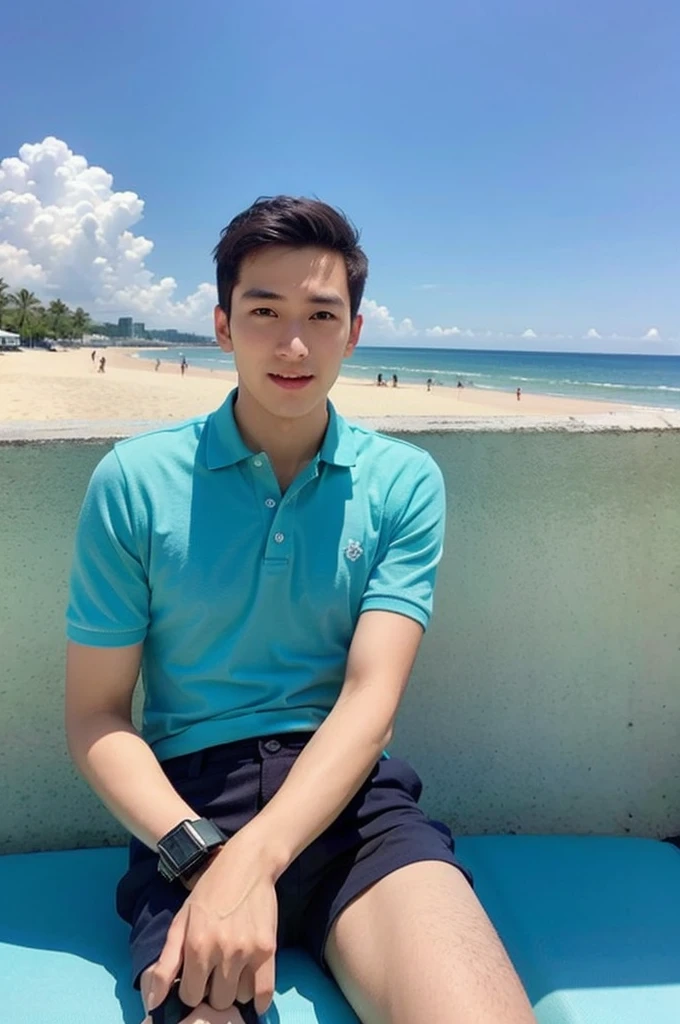 young asian man looking at camera in a blue polo shirt , seaside beach sunshine looking at the sea