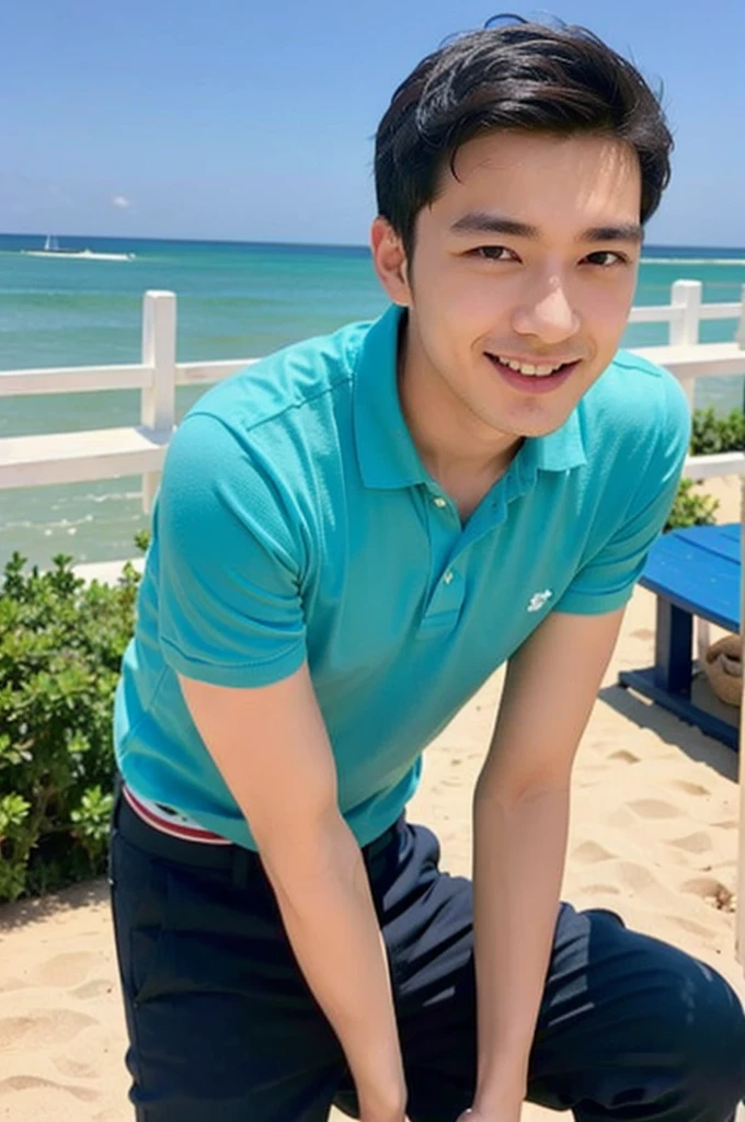 young asian man looking at camera in a blue polo shirt , seaside beach sunshine looking at the sea