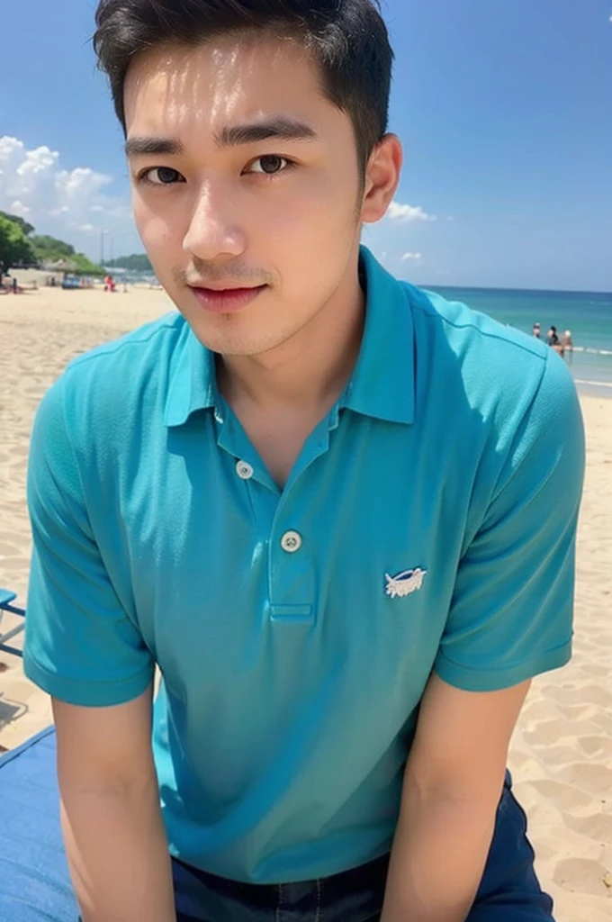 young asian man looking at camera in a blue polo shirt , seaside beach sunshine looking at the sea