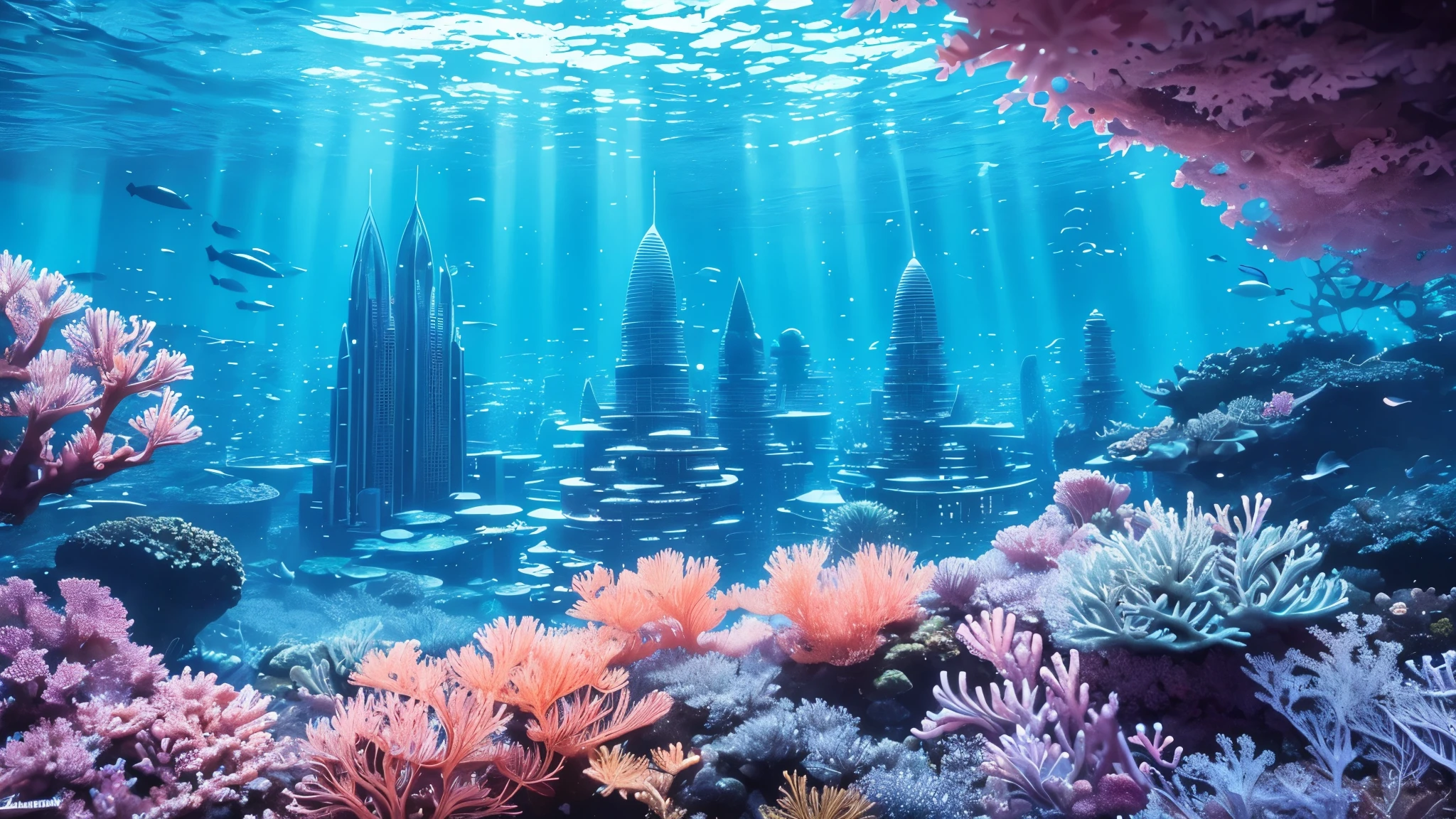 A fantastical and serene deep-sea city. Viewed from the ocean floor looking up towards the water surface. The city is very large with futuristic buildings, domes, and spires. Completely submerged in clear blue and pink water. The entire city is covered by a large dome-shaped glass structure. The scene has a tranquil and calming atmosphere. Soft glowing lights illuminate the city. The water surface above glitters with sunlight, creating beautiful patterns. The city emits a quiet, artificial light. Surrounded by vibrant marine life and coral formations. The water is deeper, adding to the mysterious and serene feeling. The image is high-resolution, realistic, and in 4K. Capturing the enchanting beauty of the underwater city.