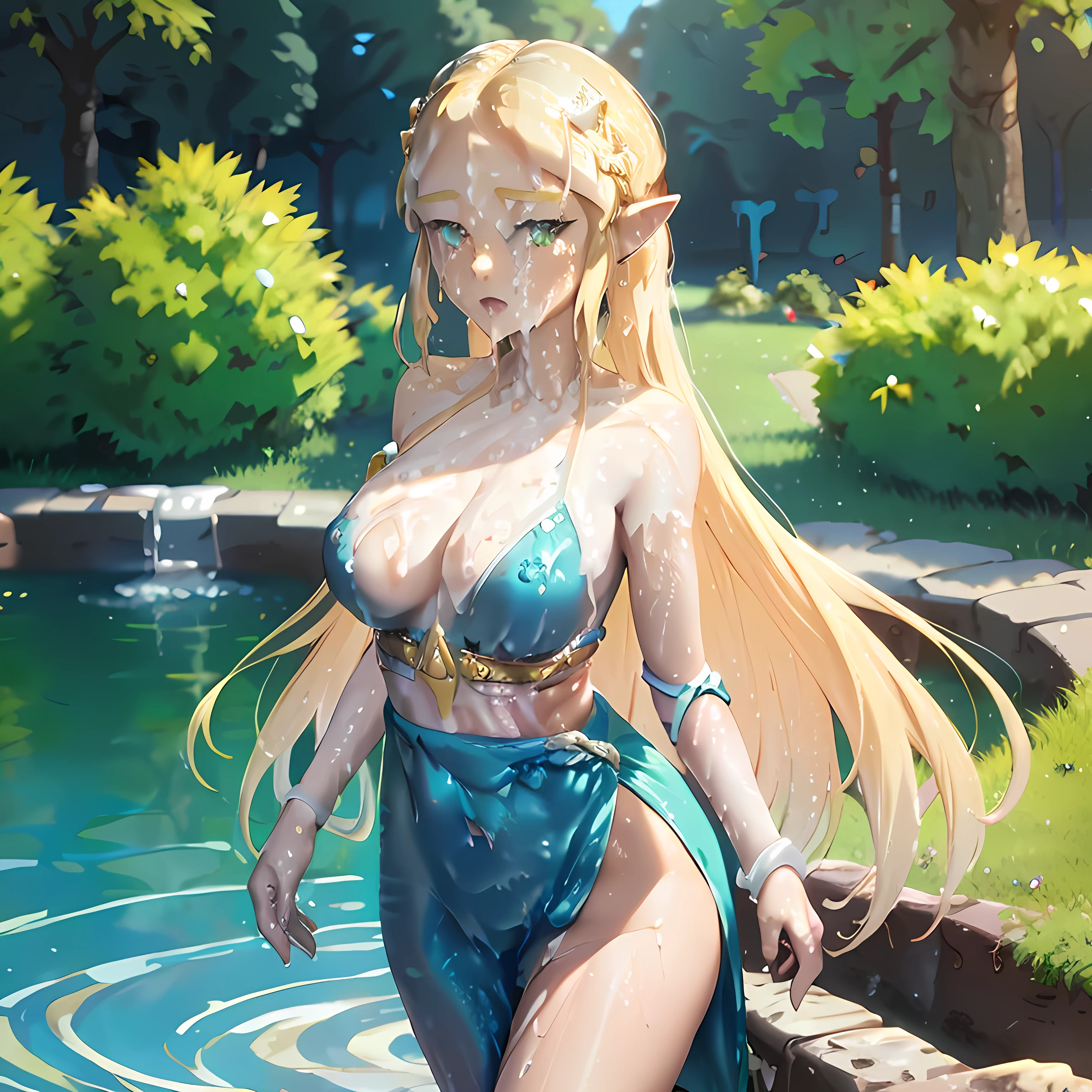 princess zelda, blonde very long hair, green eyes, wearing a sexy blue dress, side slit, ultrasharp, looking at the viewer, ((best quality)), ((masterpiece)), (detailed), perfect face, big breast, sexy body, standing in pool of water